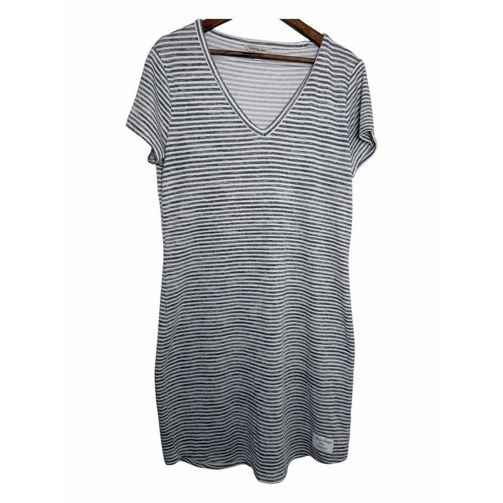 Calvin Klein Jeans M Gray White Stripe V-Neck T-Shirt Dress